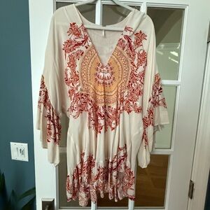 Free People Cream and Red Boho Tunic